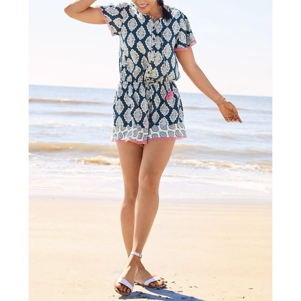 Matilda Jane Blue White Print Romper Sz S Tassel Tie Pink Trim Preppy Boho Beach
